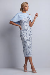 Sky Blue Sheath Round Neck Floral Midi Mother of the Bride Dress with Pocket