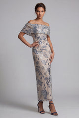 Navy Floral Sheath Off the Shoulder Maxi Mother of the Bride Dress