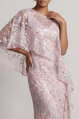 Pink Floral Sheath Asymmetrical Neck Maxi Mother of the Bride Dress