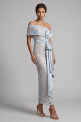 Dusty Blue Sheath One Shoulder Floral Long Mother of the Bride Dress with Bow
