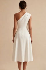 White A-Line One Shoulder Midi Engagement Dress with Bow