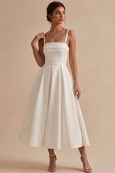 White Satin A-Line Square Neck Ruched Midi Engagement Dress