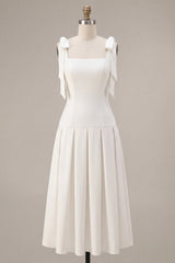 White A-Line Square Neck Ruched Midi Engagement Dress with Bows