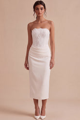 White Sheath Strapless Ruched Midi Engagement Dress with Lace