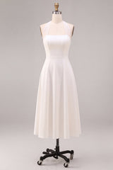Simple White A-Line Halter Midi Beach Engagement Dress