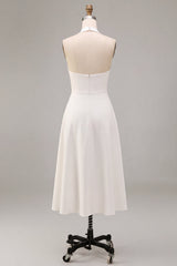 Simple White A-Line Halter Midi Beach Engagement Dress