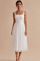 Sparkly White A-Line Square Neck Sequins Midi Boho Engagement Dress