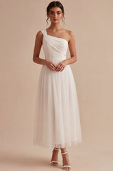 White A-Line One Shoulder Ruched Midi Boho Engagement Dress
