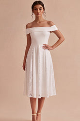 White A-Line Off the Shoulder Ruched Midi Beach Engagement Dress with Lace