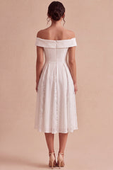 White A-Line Off the Shoulder Ruched Midi Beach Engagement Dress with Lace