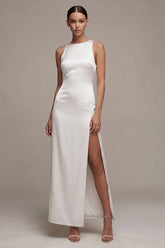 White Satin Sheath Round Neck Long Engagement Dress with Slit
