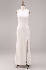 White Satin Sheath Round Neck Long Engagement Dress with Slit