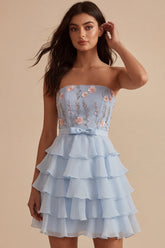 Sky Blue Floral A Line Tiered Ruffled Short Homecoming Dress with Bow