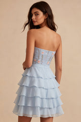 Sky Blue Floral A Line Tiered Ruffled Short Homecoming Dress with Bow