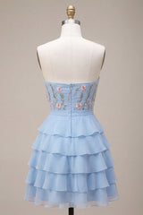 Sky Blue Floral A Line Tiered Ruffled Short Homecoming Dress with Bow