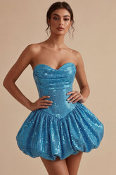 Blue A Line Strapless Sparkly Sequin Bubble Short Homecoming Dress