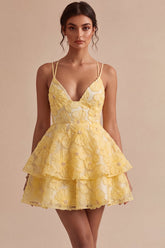 Light Yellow Floral A Line Beaded Tiered Ruffled Short Homecoming Dress