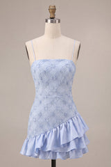 Floral Dusty Blue Tight Tiered Ruffled Short Homecoming Dress