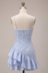 Floral Dusty Blue Tight Tiered Ruffled Short Homecoming Dress