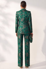 Dark Green Floral Jacquard Peak Lapel 2-Piece Prom Suits with Pocket