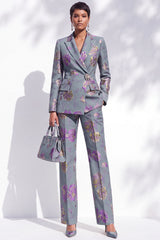 Grey Blue Floral Peak Lapel Jacquard 2-Piece Work Suits with Pocket