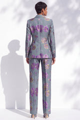 Grey Blue Floral Peak Lapel Jacquard 2-Piece Work Suits with Pocket