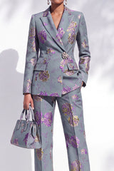 Grey Blue Floral Peak Lapel Jacquard 2-Piece Work Suits with Pocket