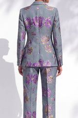 Grey Blue Floral Peak Lapel Jacquard 2-Piece Work Suits with Pocket