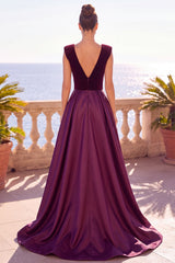 Burgundy A-Line V-Neck Velvet Long Formal Dress with Slit