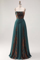 Dark Green Floral A Line Ruched Corset Long Velvet Holiday Dress
