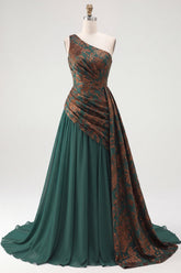 Dark Green A Line One Shoulder Ruched Long Velvet Holiday Dress