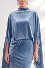 Blue Velvet Mermaid High Neck Beaded Long Holiday Dress with Cape