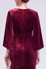 Burgundy Velvet Bodycon Boat Neck Midi Holiday Dress with Sleeves
