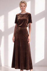 Coffee Velvet A Line Beaded Round Neck Maxi Holiday Dress with Sleeves