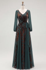 Dark Green Floral V-Neck Ruched Long Sleeves Velvet Holiday Dress with Sash