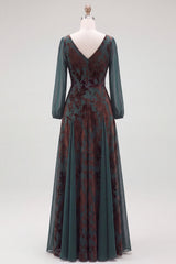 Dark Green Floral V-Neck Ruched Long Sleeves Velvet Holiday Dress with Sash