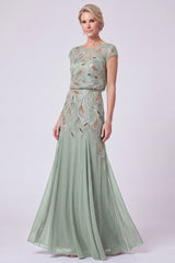 Green Chiffon Beaded Sheath Cap Sleeves Long Mother of the Bride Dress