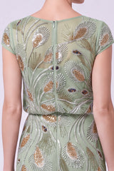 Green Chiffon Beaded Sheath Cap Sleeves Long Mother of the Bride Dress