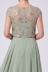 Green Beaded Illusion Boat Neck Cap Sleeves Chiffon Long Mother of the Bride Dress