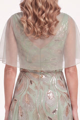 Green Tulle Beaded A Line Long Mother of the Bride Dress with Cape