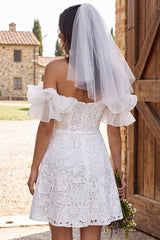 Ivory Floral A Line Lace Ruffled Short Boho Wedding Dress