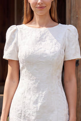 Ivory Tight Boat Neck Short Sleeves Jacquard Wedding Dress