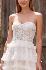Ivory Chiffon Floral A Line Tiered Ruffled Long Beach Wedding Dress