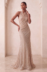 Sparkly Khaki Mermaid Halter Ruched Long Evening Dress with 3D Flowers