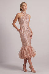Sparkly Blush Mermaid Bubble Midi Sequin Mother of the Bride Dress with Pockets