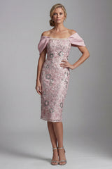 Sparkly Floral Light Pink Bodycon Sequins Midi Mother of the Bride Dress with Pearls