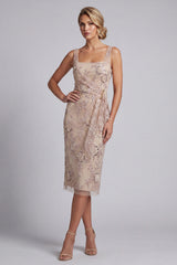 Floral Champagne Sparkly Beaded Bodycon Ruched Midi Mother of the Bride Dress