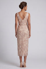 Champagne Floral Beaded Cowl Neck Ruched Midi Mother of the Bride Dress with Slit