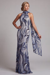 Sparkly Navy Mermaid Halter Sequins Long Mother of the Bride Dress with Sash