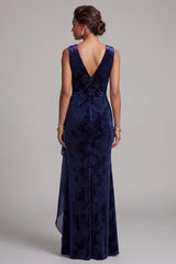 Dark Navy V-Neck Ruched Velvet Long Floral Mother of the Bride Dress with Sash